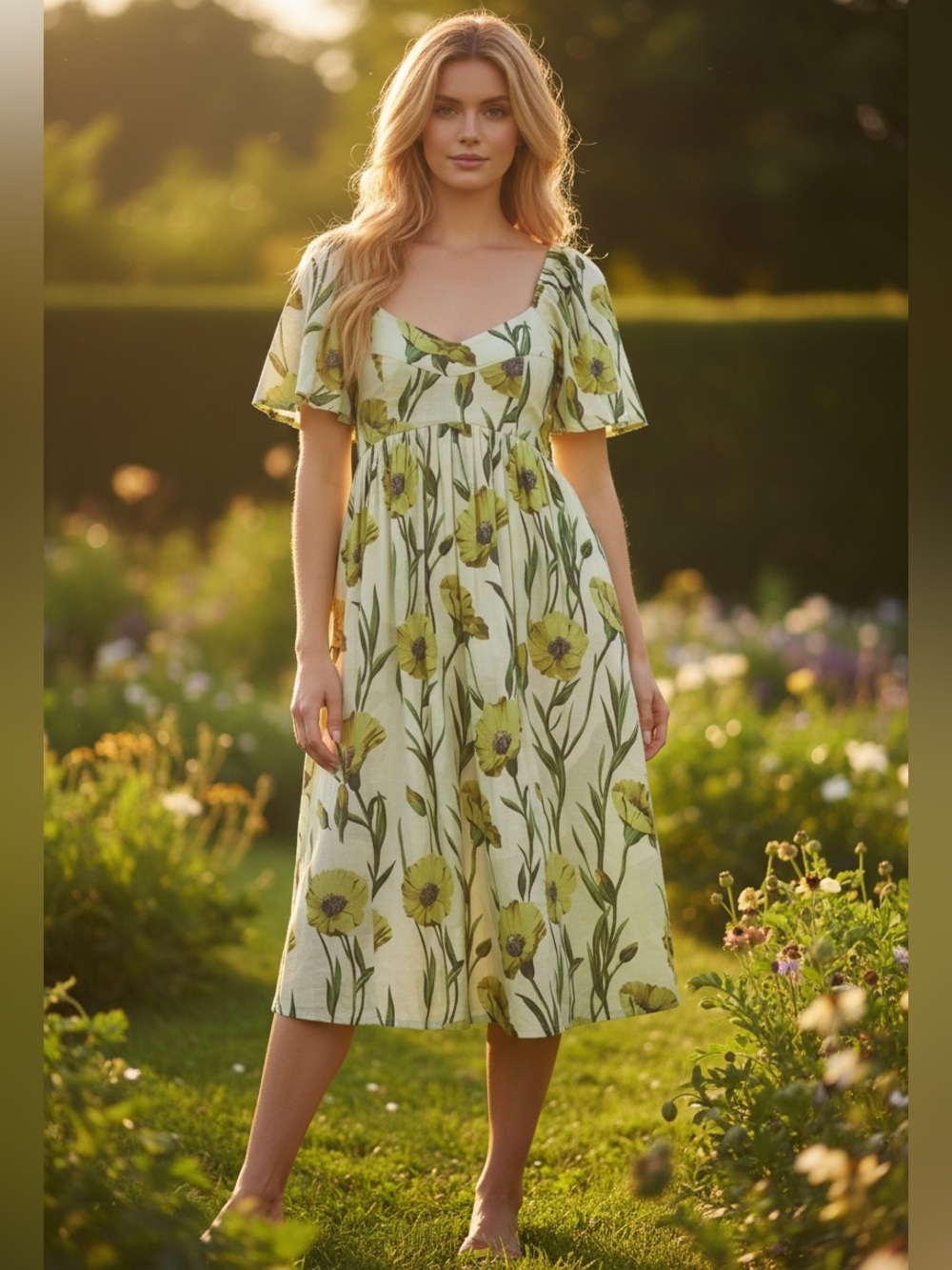 She + Sky Midi Short Flutter Sleeve Dress. Yellow Poppies on Light Green NWT.